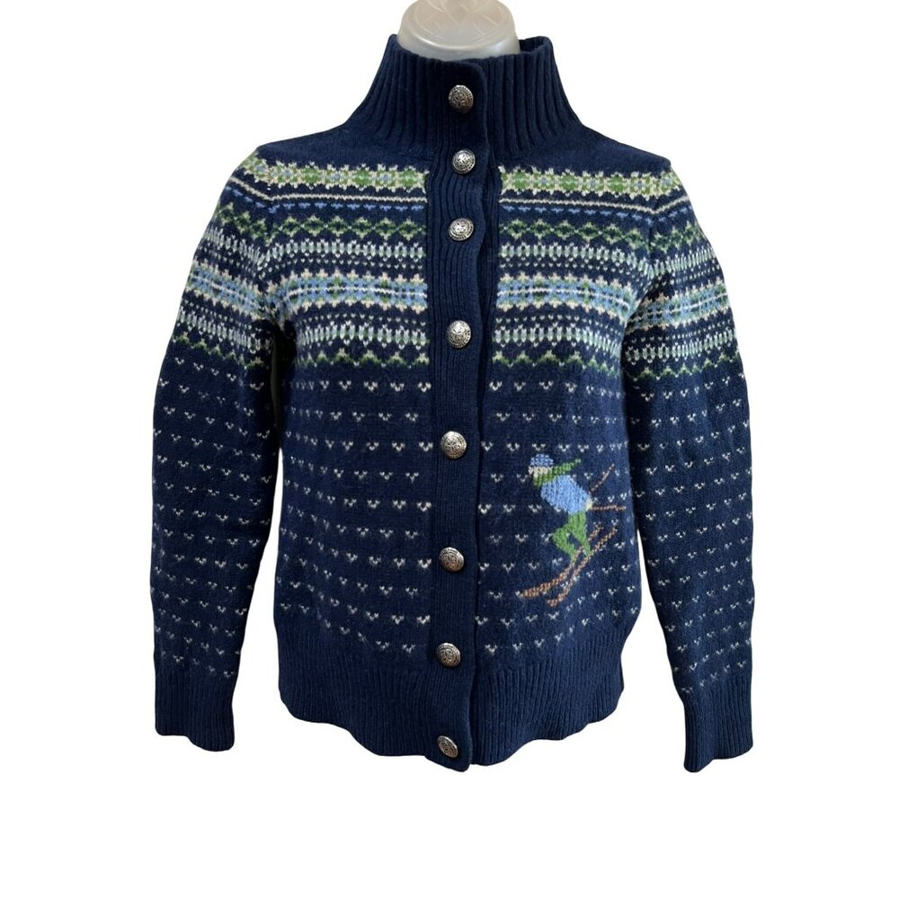 Vintage L.L.Bean Nordic Wool Cardigan XS Button-Up Ski Pattern Navy Blue